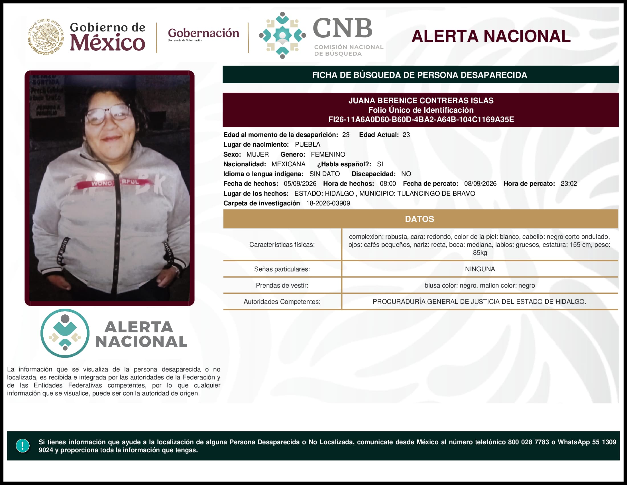 Persona desaparecida Juana Berenice Contreras Islas