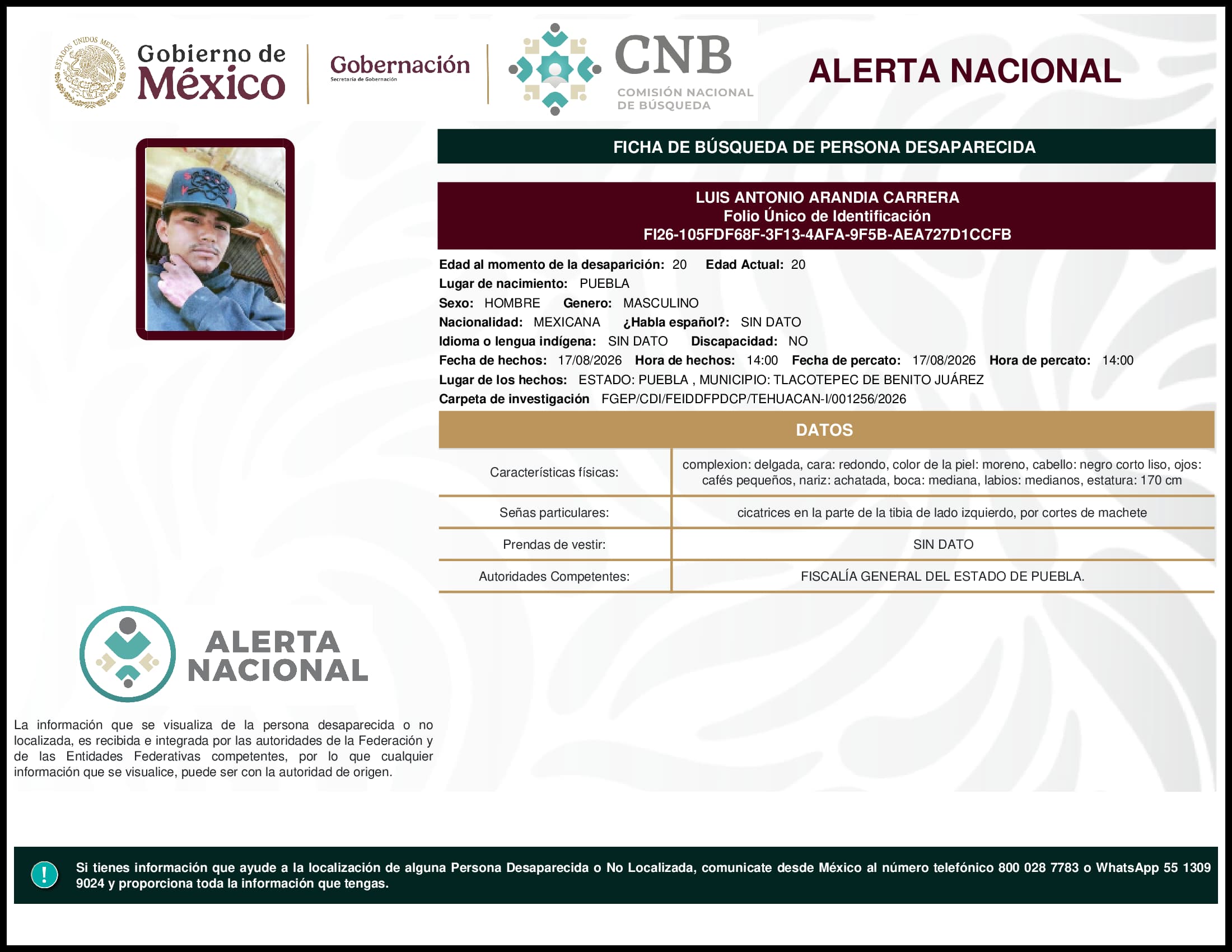 Persona desaparecida Luis Antonio Arandia Carrera
