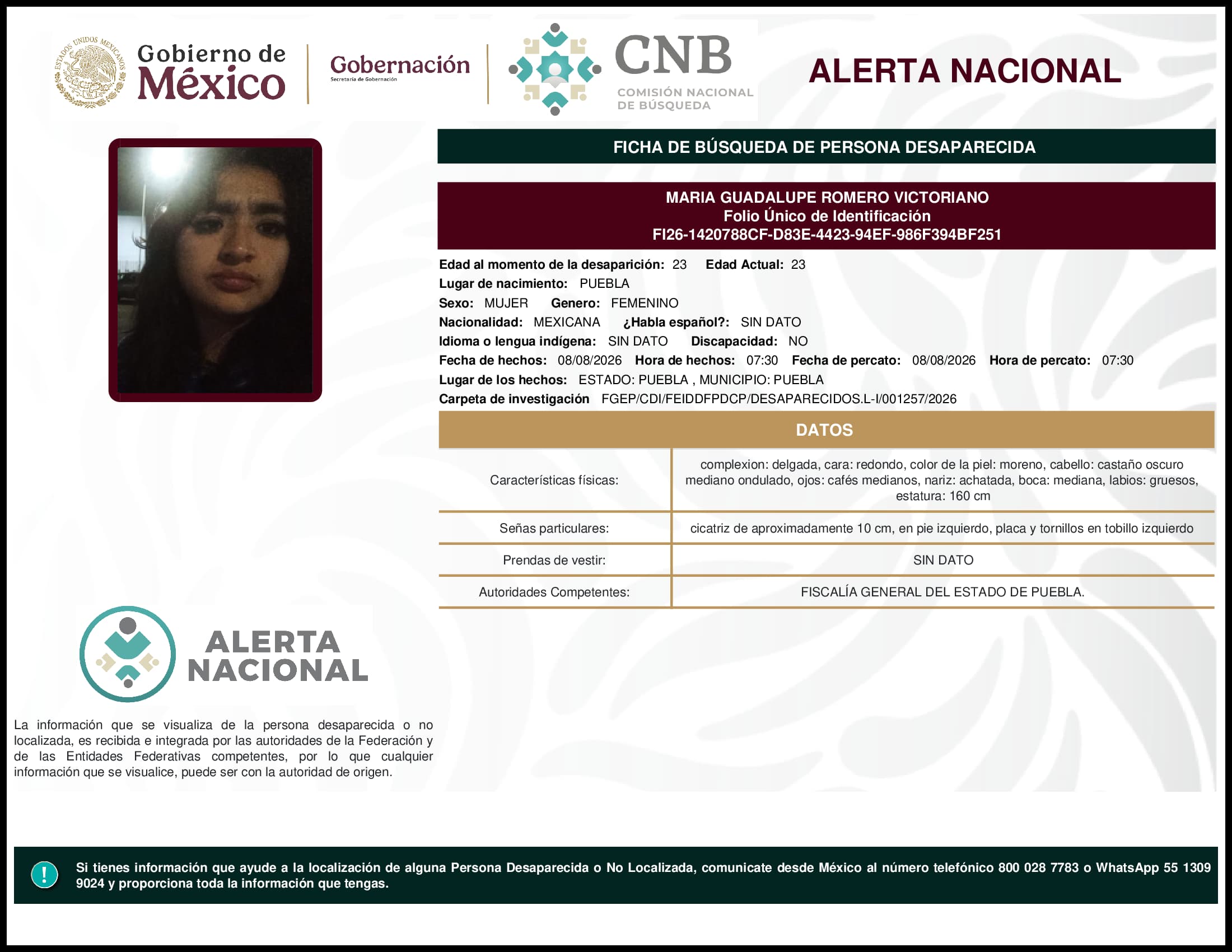 Persona desaparecida Maria Guadalupe Romero Victoriano