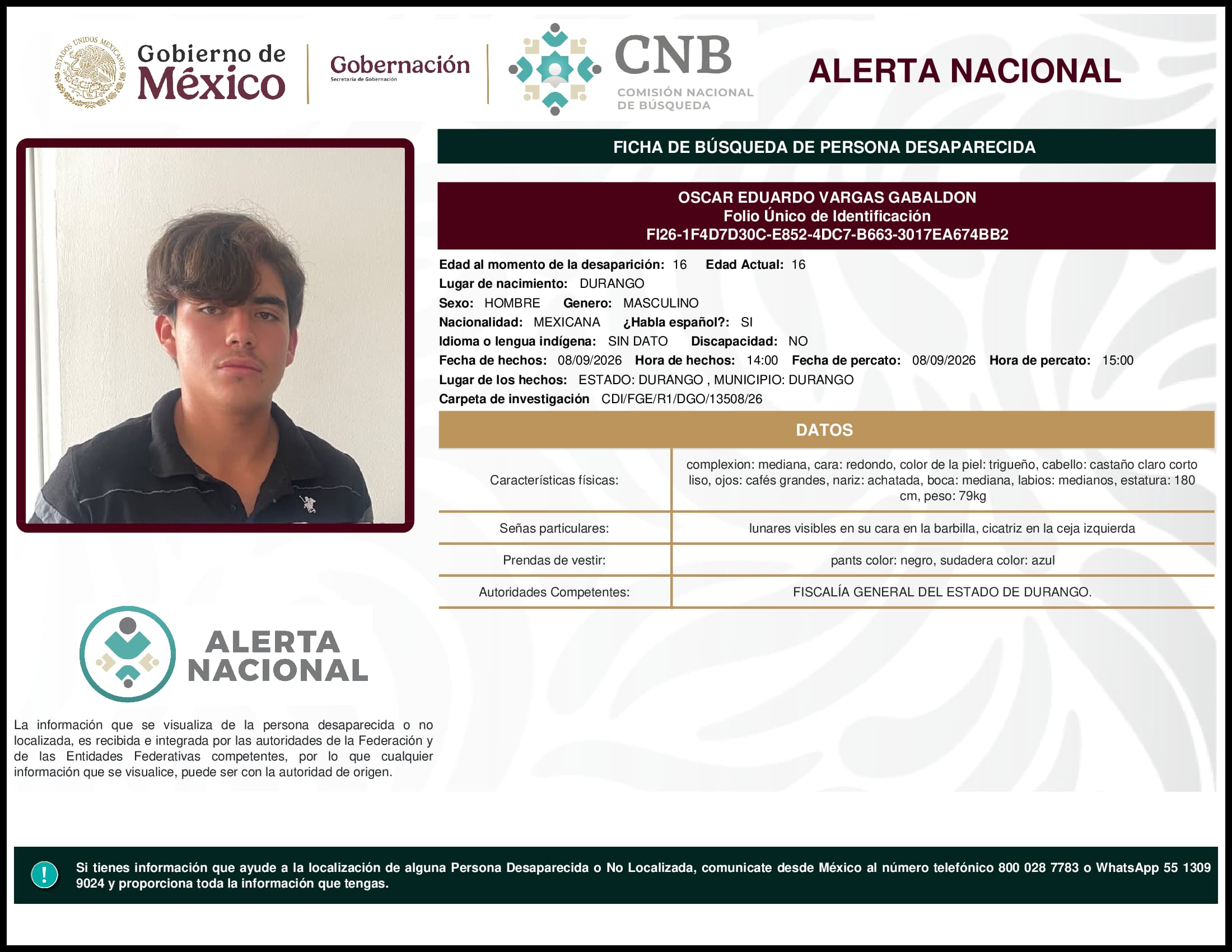 Persona desaparecida Oscar Eduardo Vargas Gabaldon
