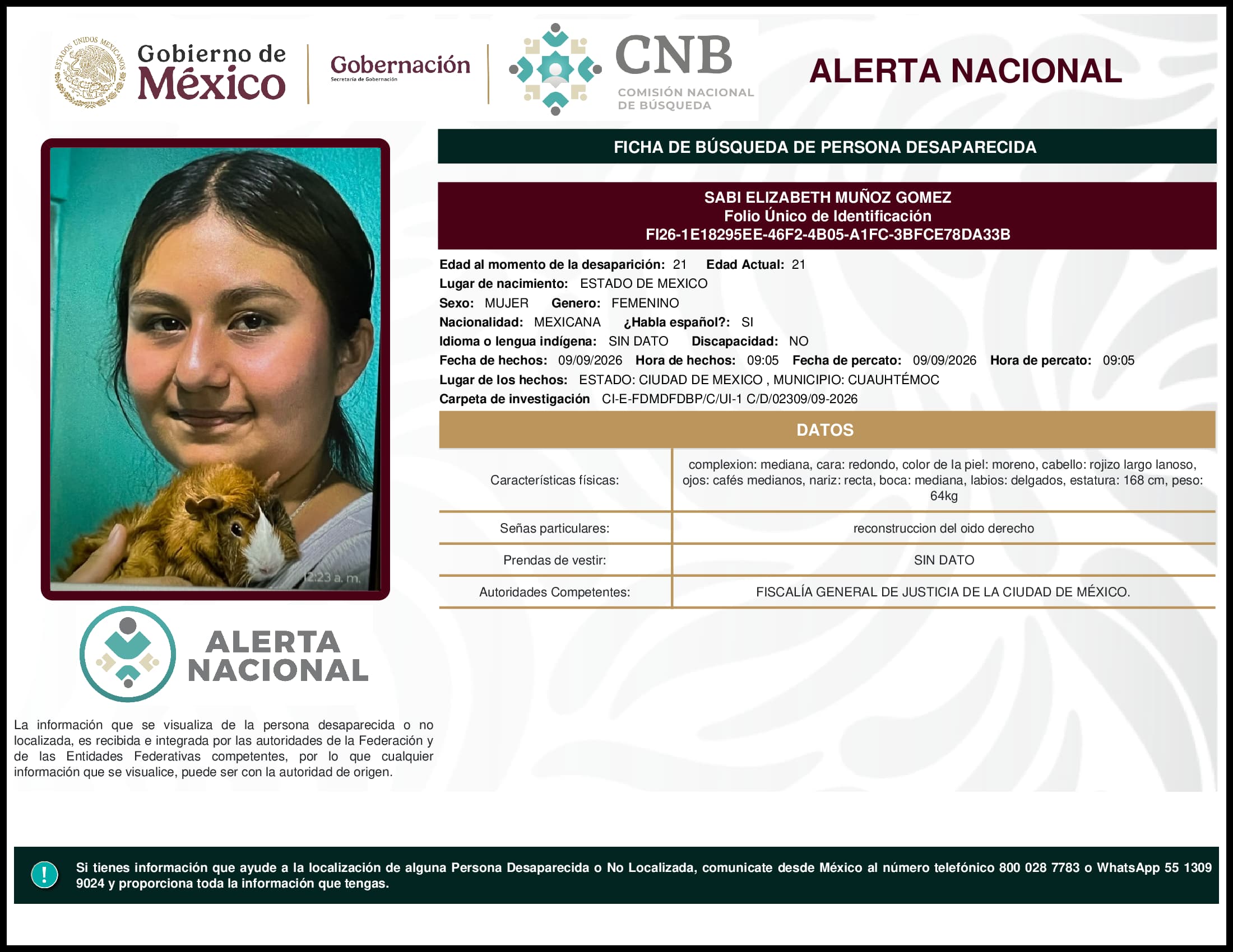 Persona desaparecida Sabi Elizabeth Munoz Gomez