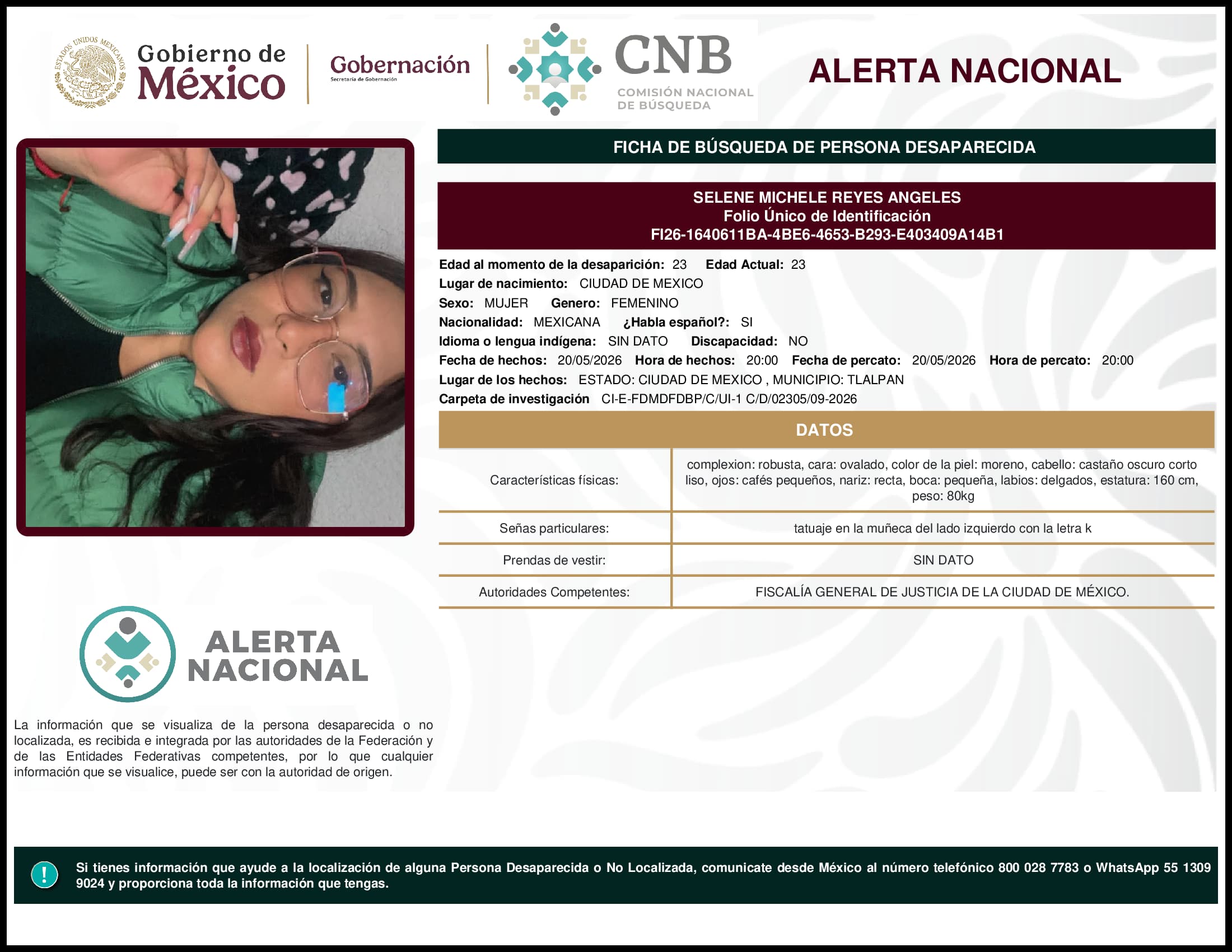 Persona desaparecida Selene Michele Reyes Angeles