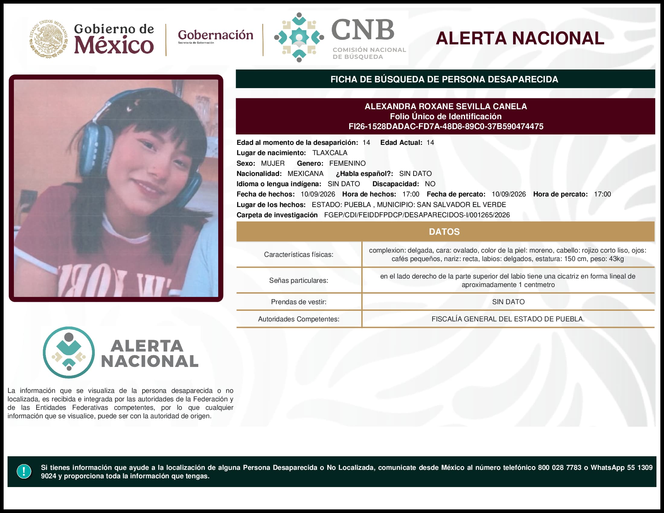 Persona desaparecida Alexandra Roxane Sevilla Canela