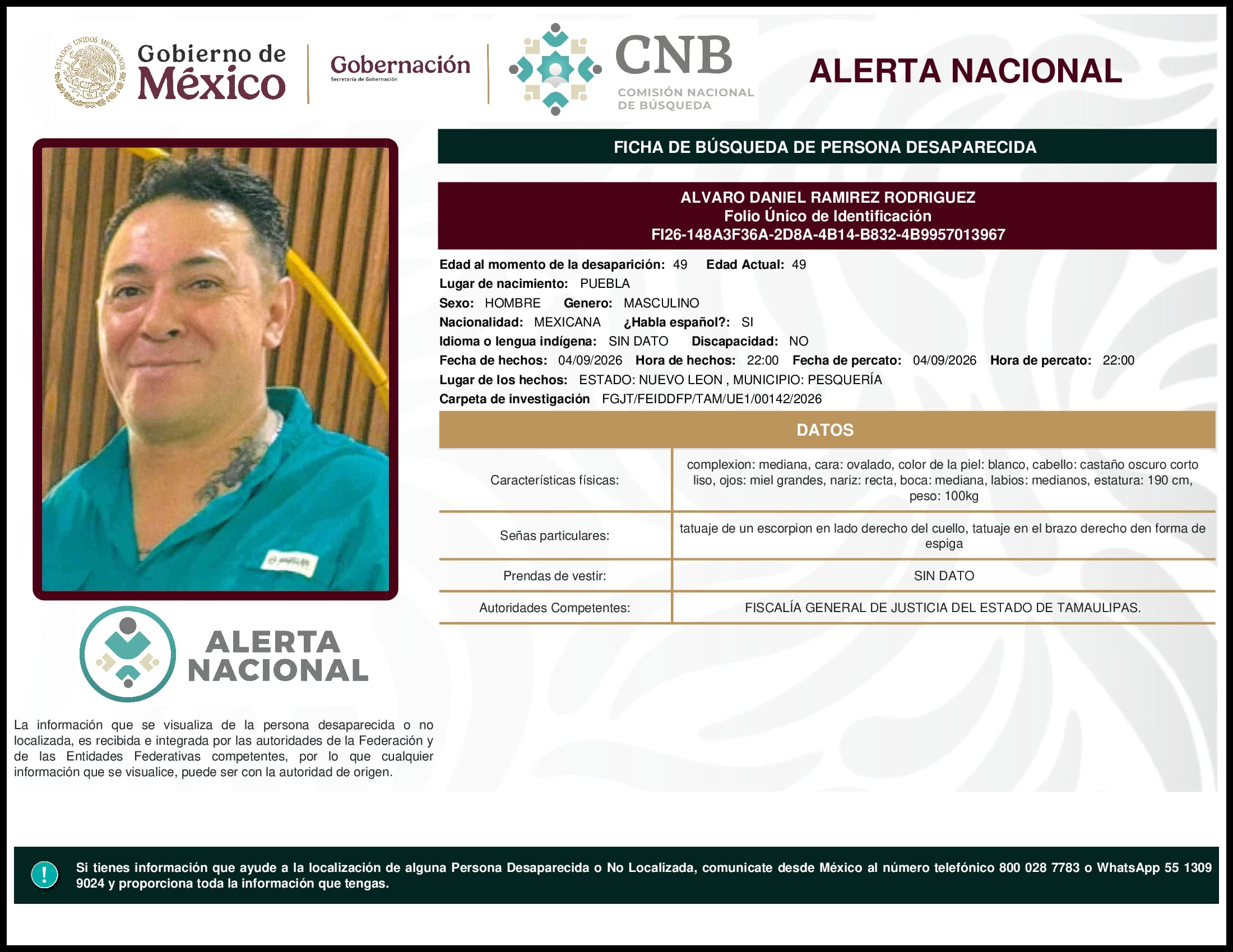 Persona desaparecida Alvaro Daniel Ramirez Rodriguez