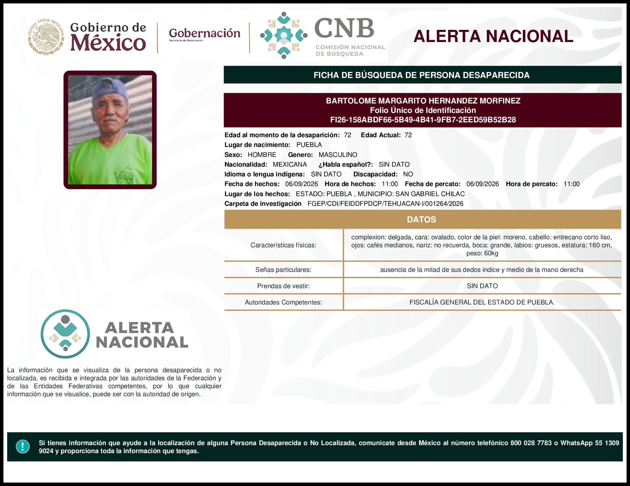 Persona desaparecida Bartolome Margarito Hernandez Morfinez
