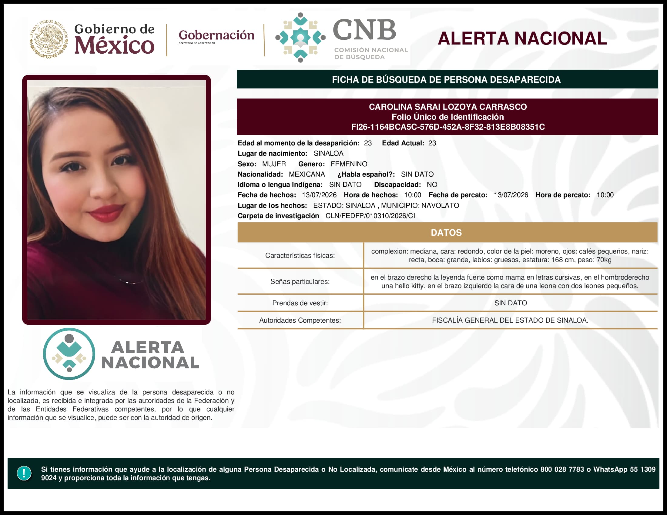 Persona desaparecida Carolina Sarai Lozoya Carrasco