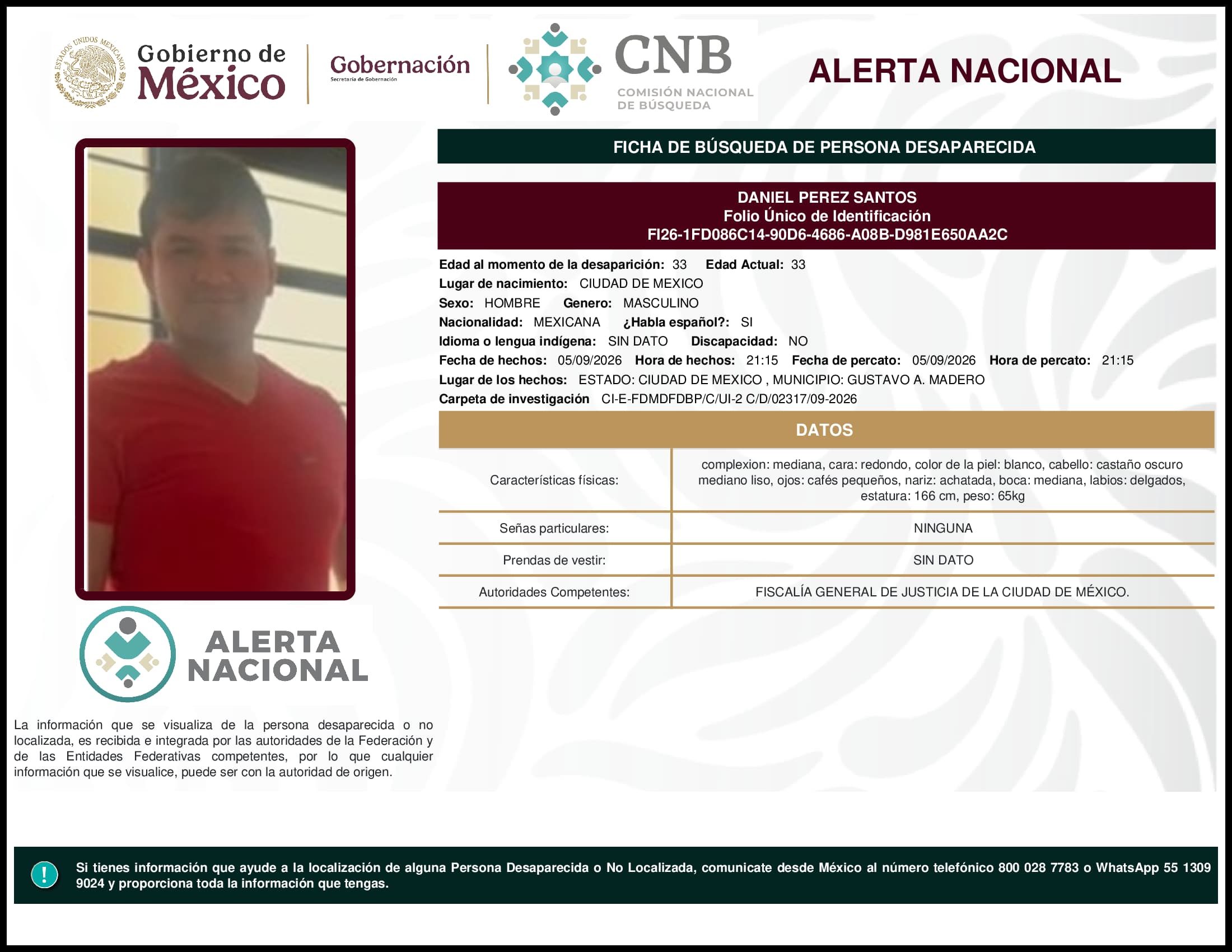 Persona desaparecida Daniel Perez Santos