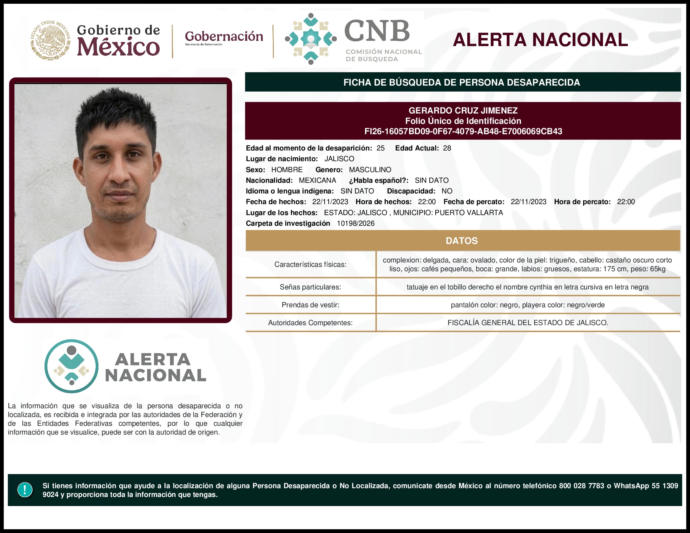 Persona desaparecida Gerardo Cruz Jimenez