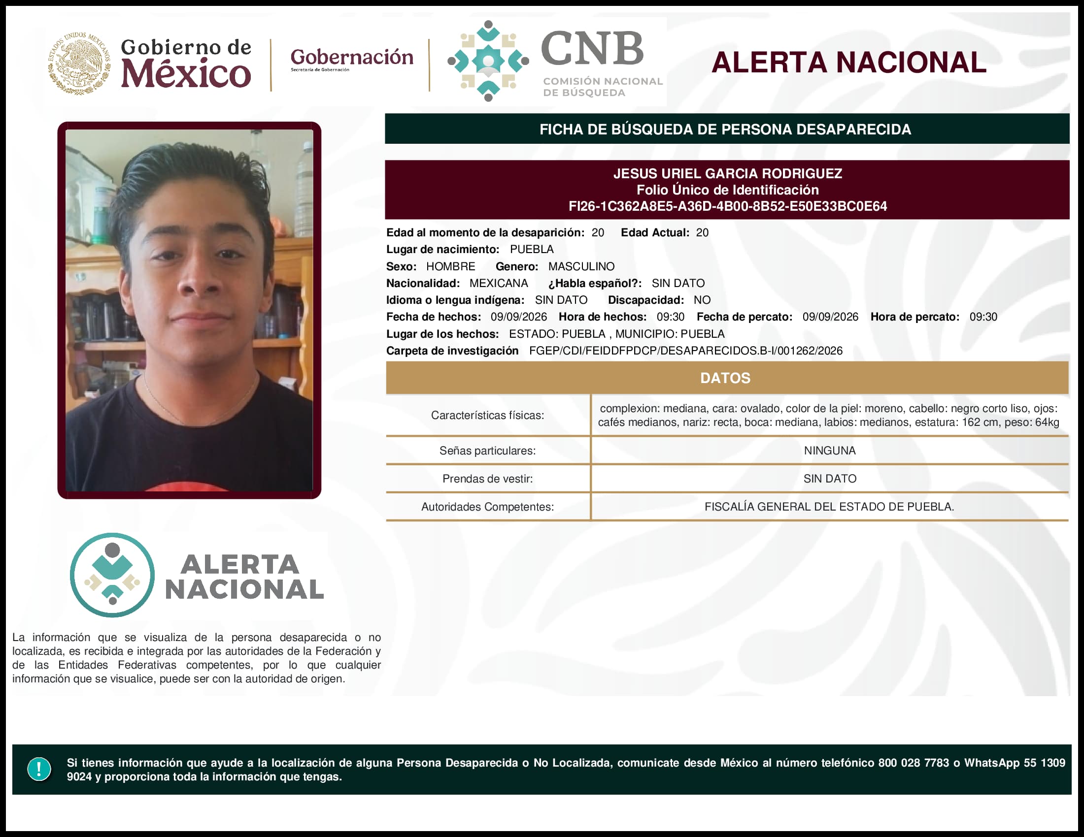 Persona desaparecida Jesus Uriel Garcia Rodriguez
