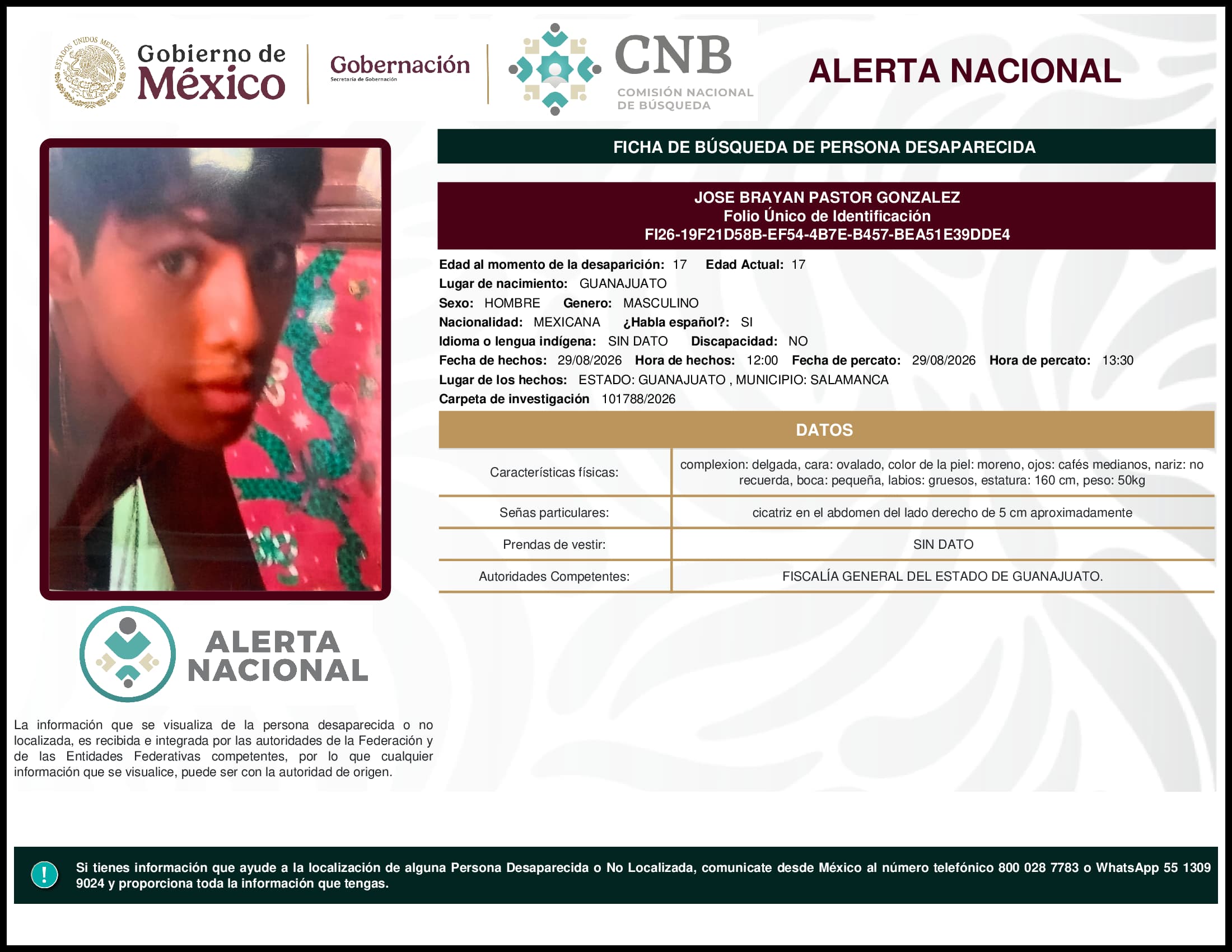 Persona desaparecida Jose Brayan Pastor Gonzalez