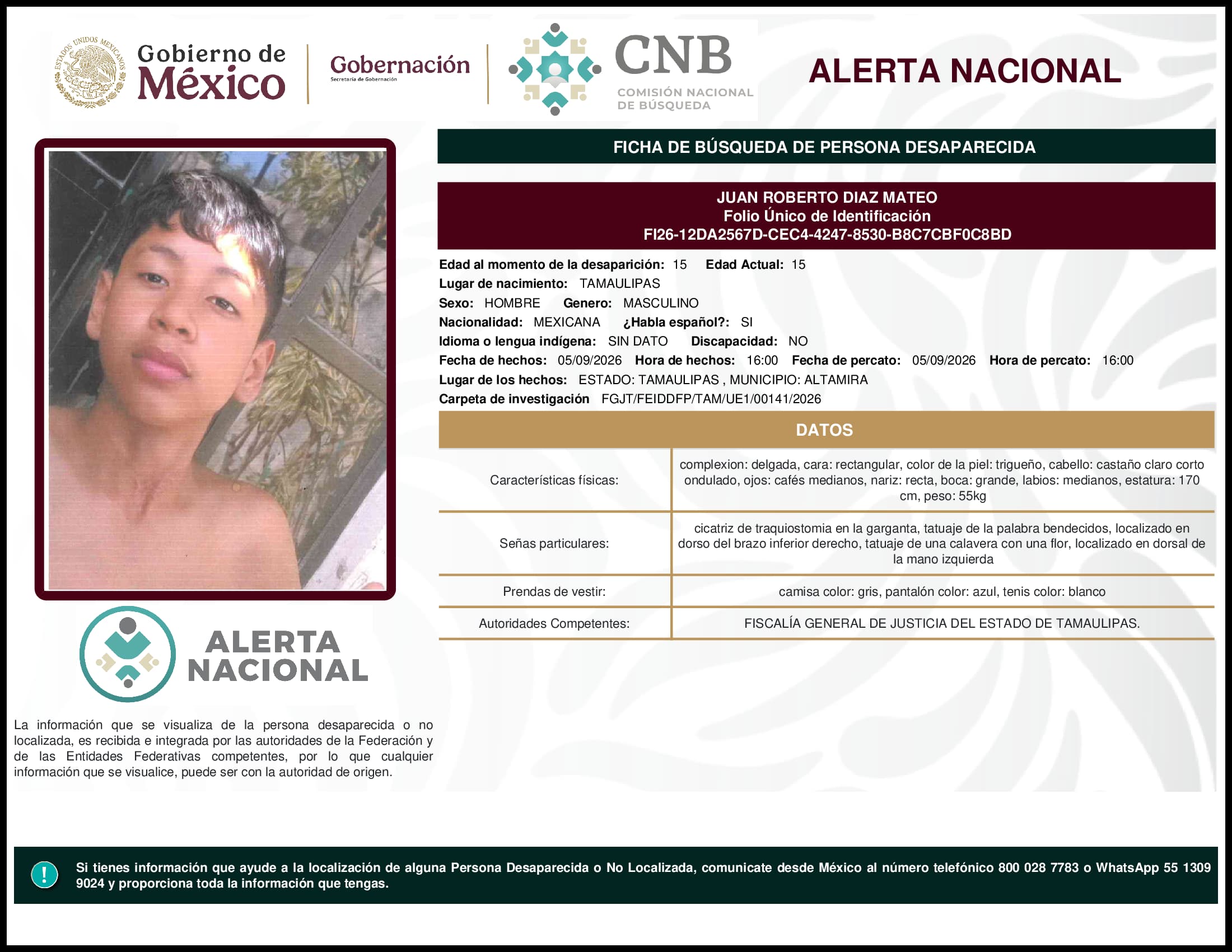 Persona desaparecida Juan Roberto Diaz Mateo