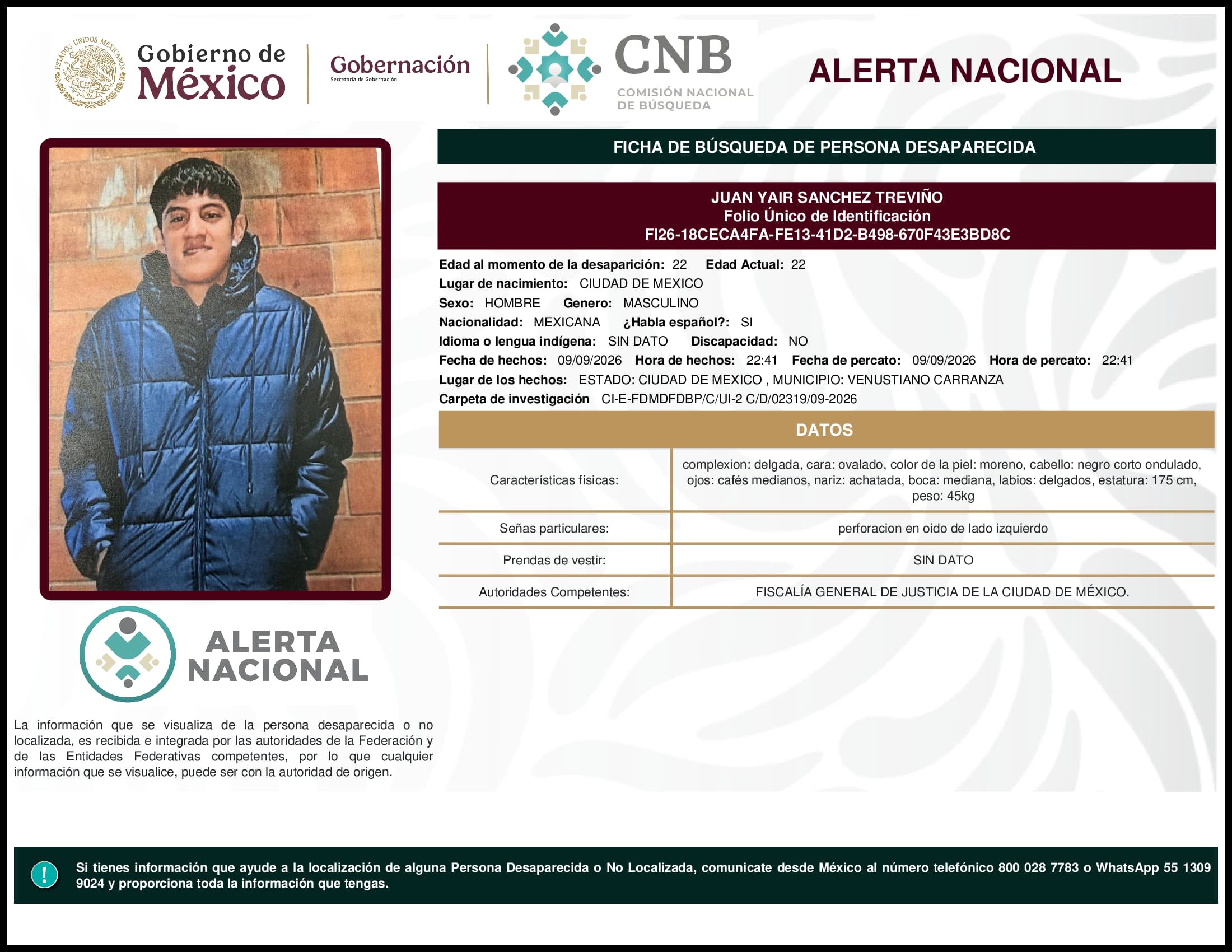 Persona desaparecida Juan Yair Sanchez Trevino