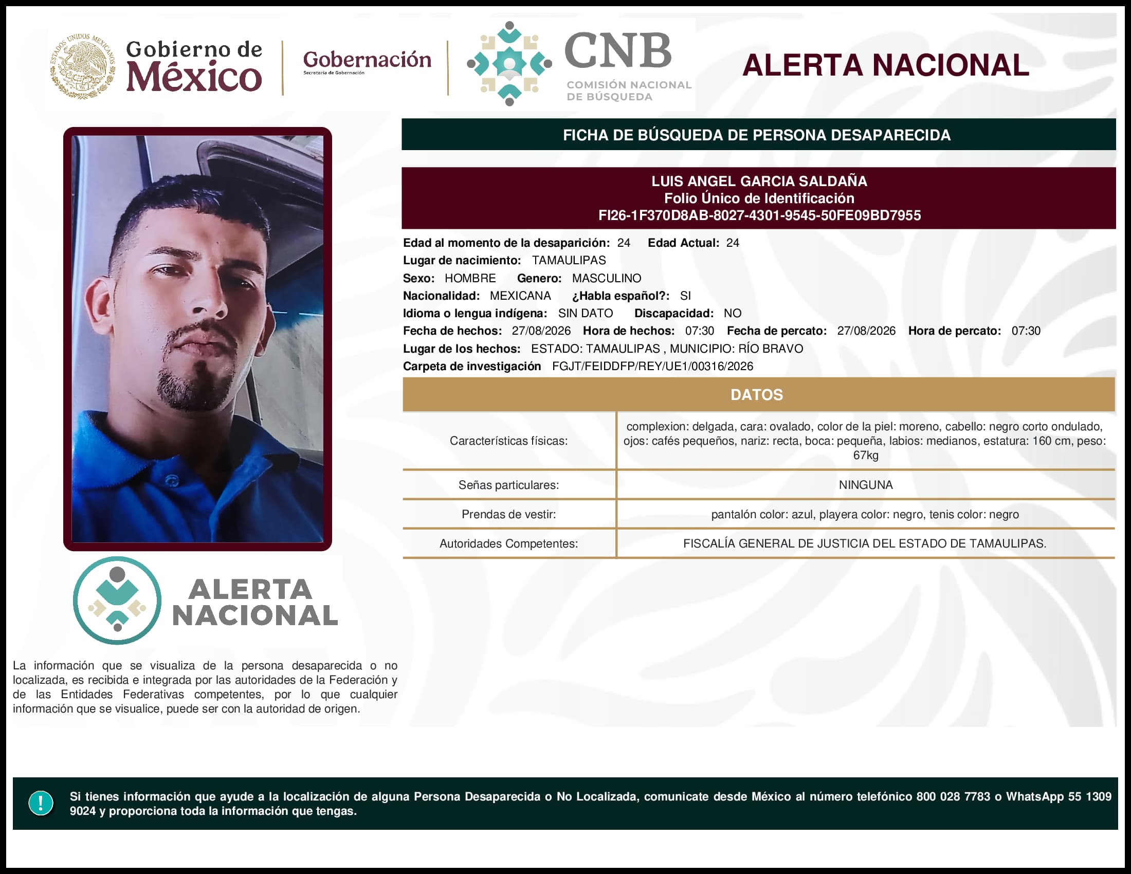 Persona desaparecida Luis Angel Garcia Saldana