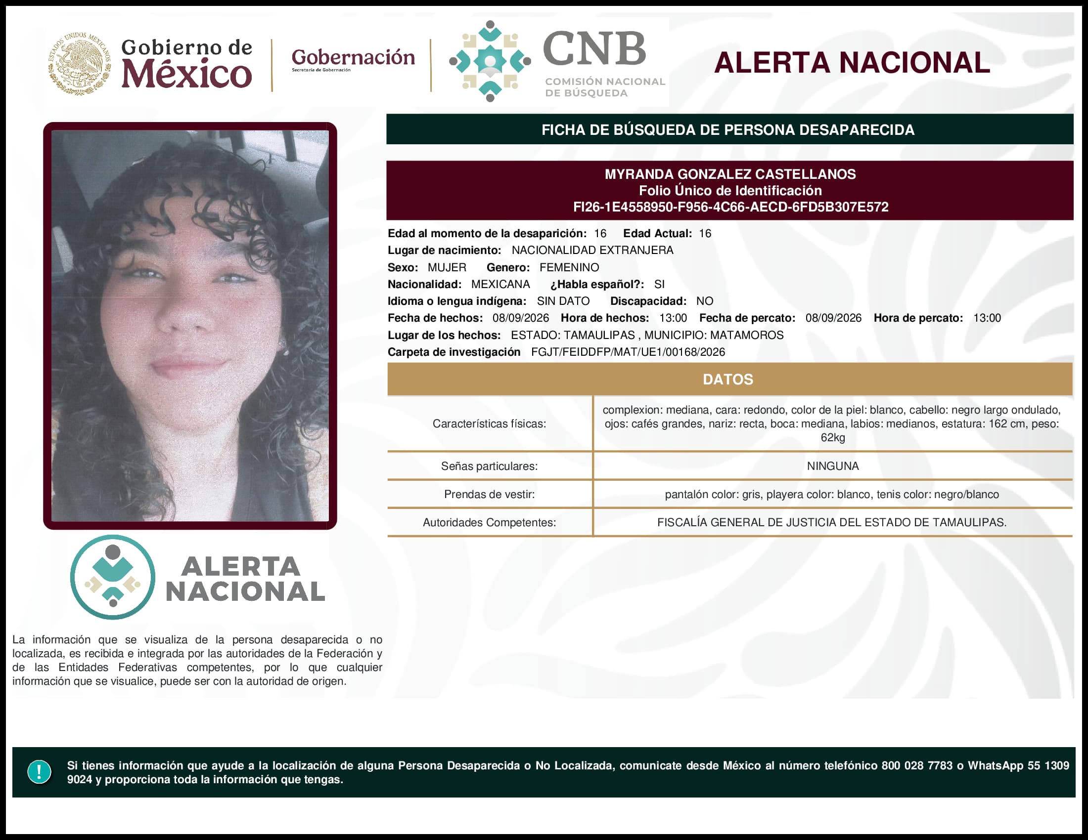 Persona desaparecida Myranda Gonzalez Castellanos