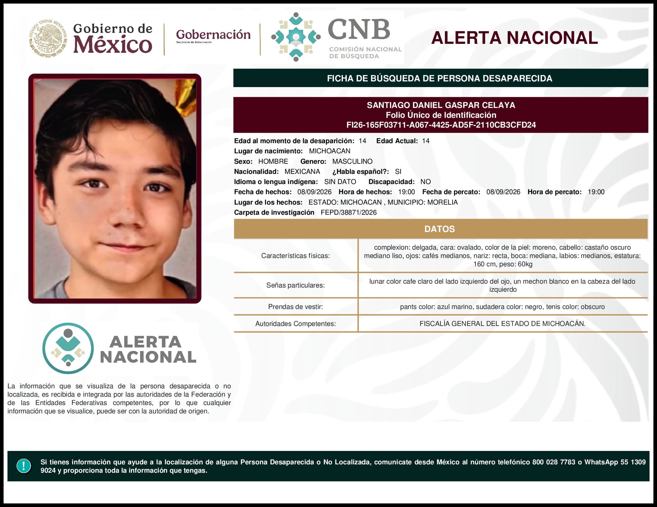 Persona desaparecida Santiago Daniel Gaspar Celaya