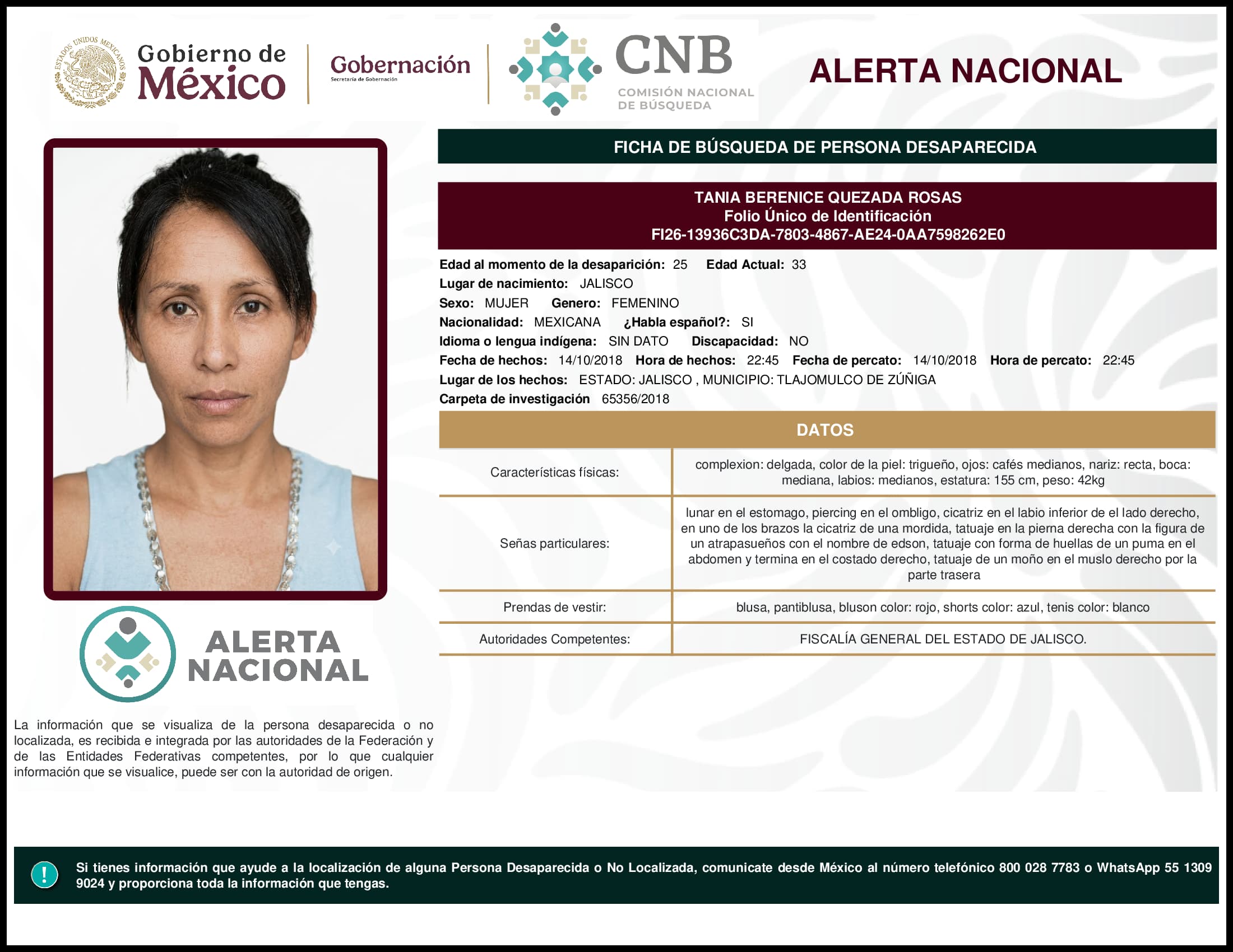 Persona desaparecida Tania Berenice Quezada Rosas