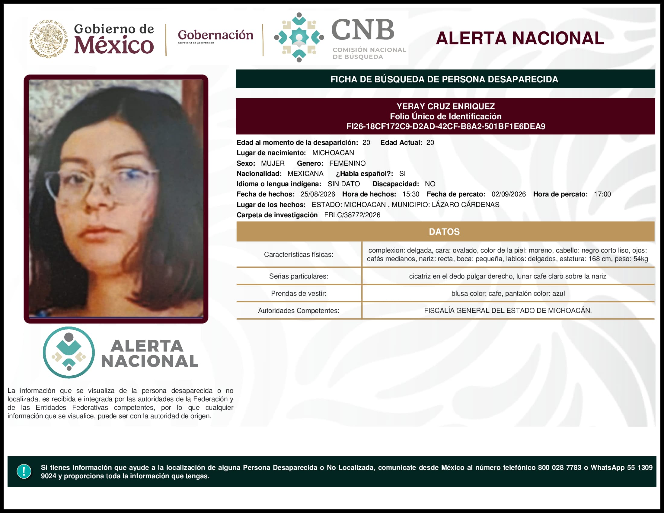 Persona desaparecida Yeray Cruz Enriquez