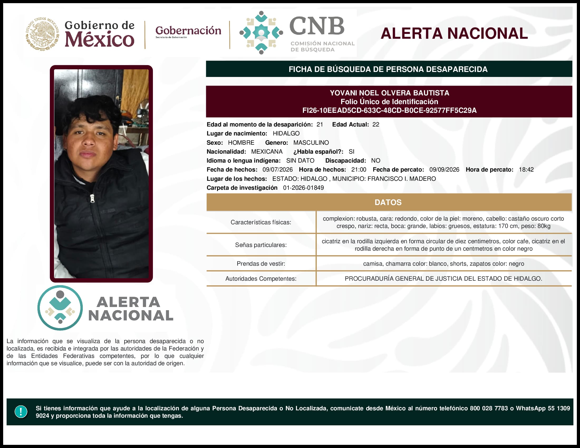 Persona desaparecida Yovani Noel Olvera Bautista