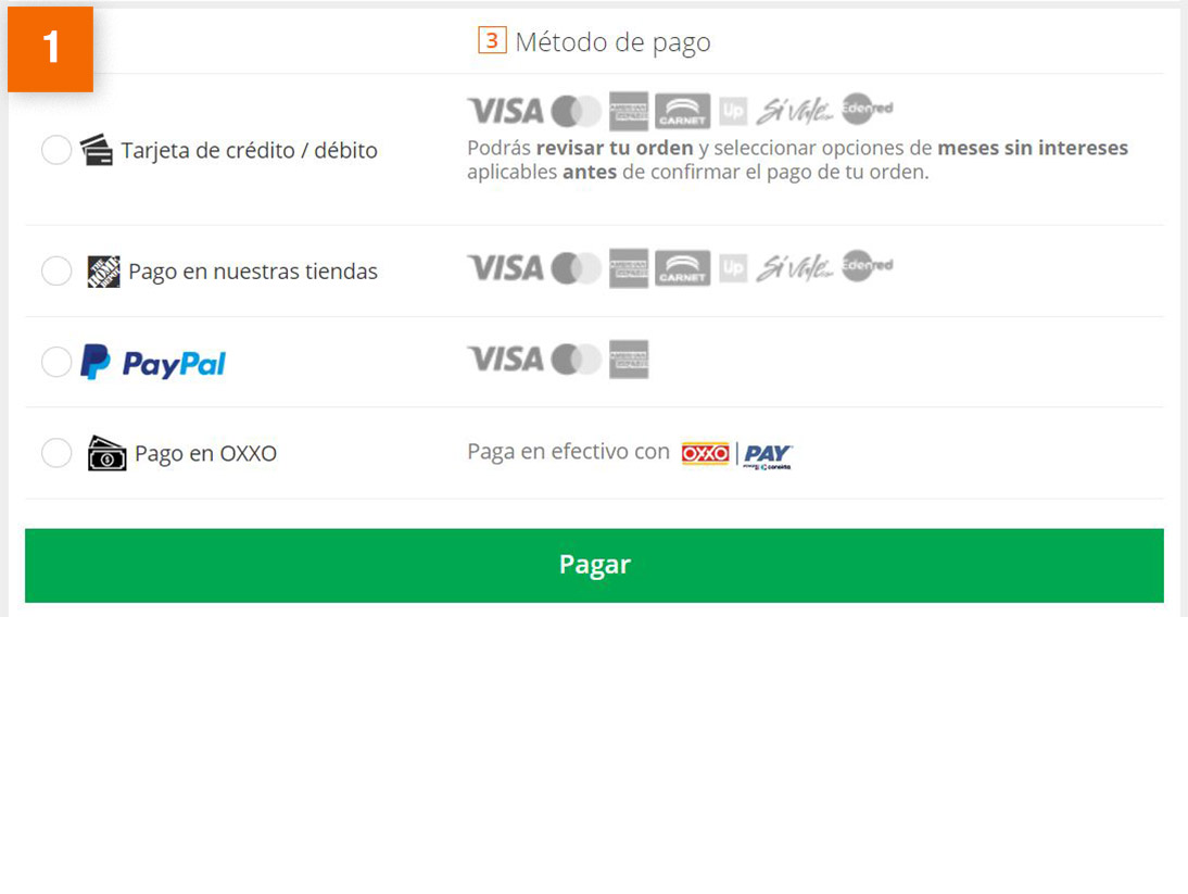 Elige el método de pago Tarjeta de Crédito/Débito