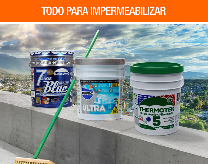 Cubetas de impermeabilizante Thermotek e Impac en azotea, productos esenciales para impermeabilizar