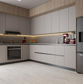 Pisos para cocina modernos en tono claro con mobiliario minimalista gris.