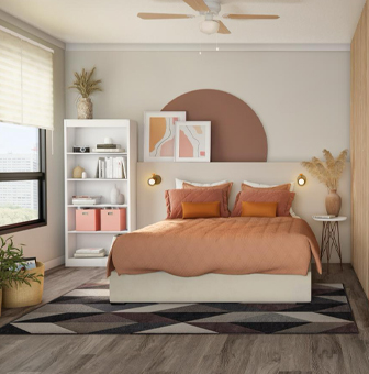Pisos para sala y recámara tipo madera en una habitación moderna con tonos terracota.