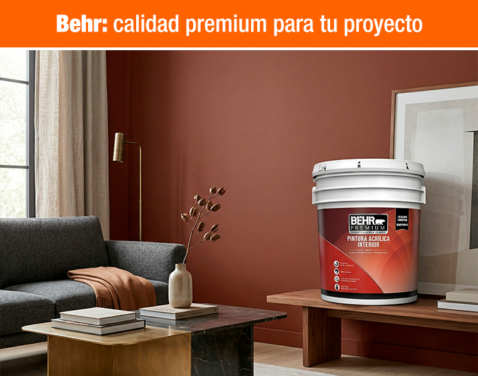 Pintura acrílica interior Behr Premium en cubeta para sala moderna en tono terracota.