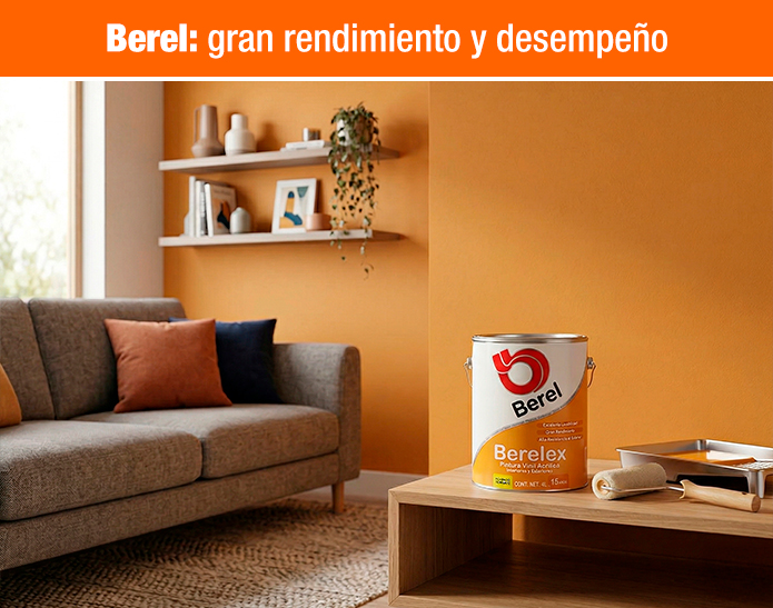 Galón de pintura vinil acrílica Berel Berelex en sala con pared naranja cálido.