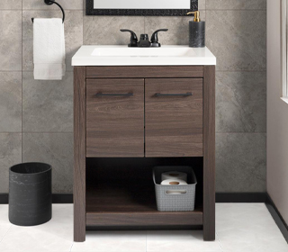Mueble lavamanos de piso con gabinete de madera oscura, dos puertas superiores y repisa inferior