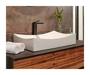 Ovalín o lavabo de sobreponer cerámico blanco, diseño rectangular instalado sobre mueble de madera