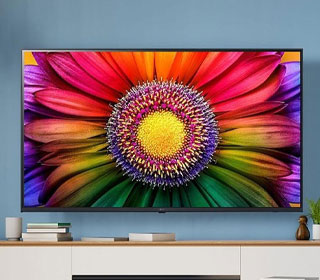 Pantalla inteligente (Smart TV) de bordes delgados montada en una pared, mostrando una imagen colorida de una flor