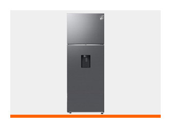 Refrigerador Top Mount en color acero inoxidable con dispensador de agua/ hielo externo integrado en la puerta inferior.