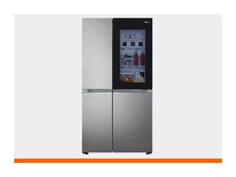 Refrigerador Instaview en acabado acero inoxidable con panel de cristal frontal que permite ver el interior sin abrir la puerta.