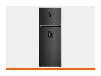 Refrigerador Midea tipo Top Mount en color negro con dispensador de agua exterior y congelador superior.