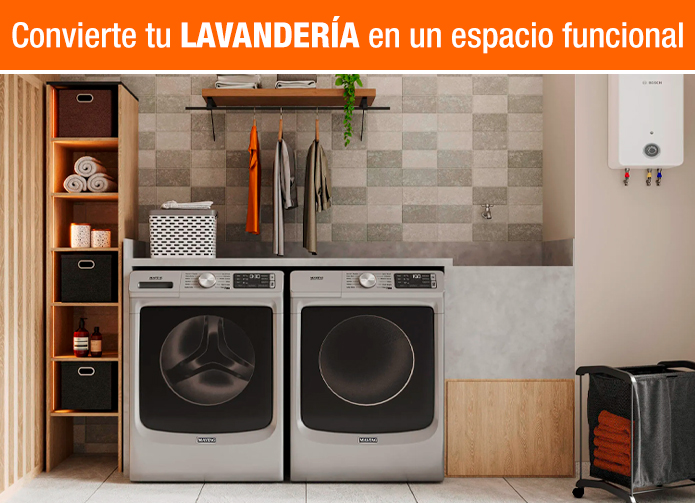 Diseño de lavandería moderna y funcional con centro de lavado: lavadora y secadora de carga frontal