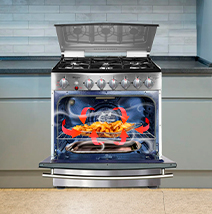 Estufa de acero inoxidable con función de freidora de aire integrada en el horno.