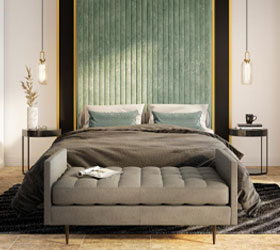 Recámara moderna con cama matrimonial, burós laterales negros y banco pie de cama gris.