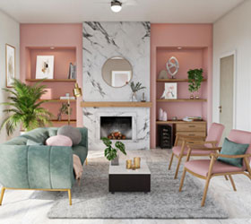 Muebles para sala moderna con sofá verde, sillas rosas, mesa de centro y chimenea