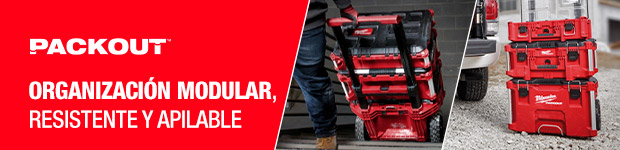 Sistema de almacenamiento modular Milwaukee PACKOUT resistente y apilable para transporte de herramientas.