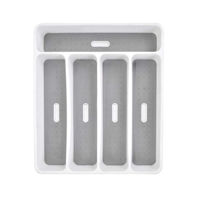 ORGANIZADOR PARA CUBIERTOS PARA CAJÓN 5 COMPARTIMENTOS DE PLÁSTICO BLANCO Y GRIS