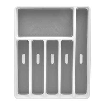 ORGANIZADOR PARA CUBIERTOS PARA CAJÓN 6 COMPARTIMENTOS DE PLÁSTICO 32 X 40 X 4.5 CM BLANCO Y GRIS