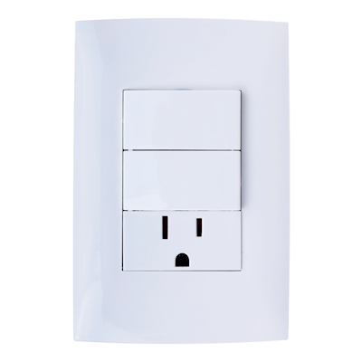 PLACA CON 2 INTERRUPTORES SENCILLOS Y 1 CONTACTO CON TIERRA BLANCO LEVITON CIEN