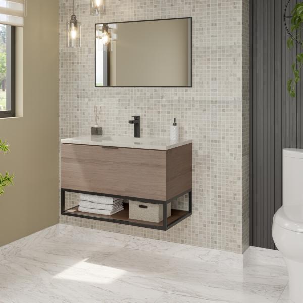 MUEBLE PARA BAÑO FLOTANTE MONTENEGRO 32" GRIS CONTRACHAPADO DE MELAMINA CON LAVABO Y ESPEJO