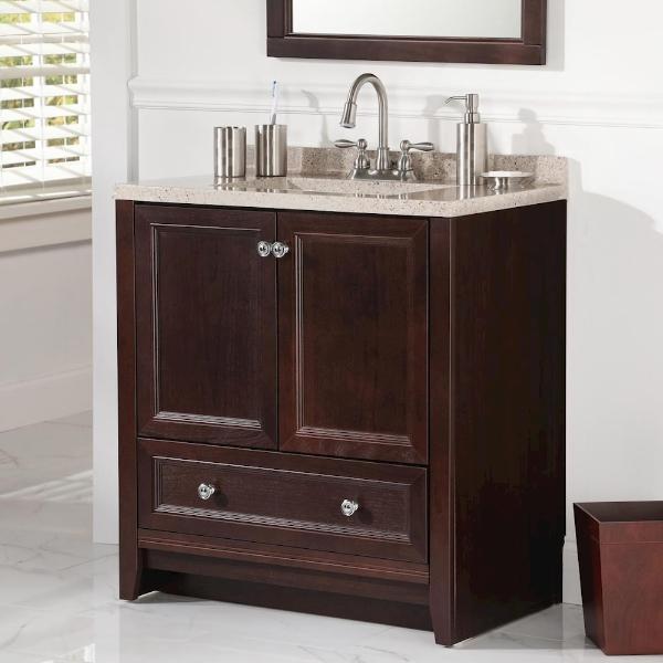 GABINETE DE PISO DELRIDGE 30" CHOCOLATE NATURAL EN MADERA CON LAVABO SUPERFICIE SÓLIDA CARAMEL