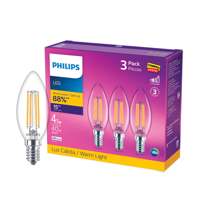 FOCO LED E14 VELA B11 LUZ CÁLIDA 4.5 W / 40 W 3 PIEZAS