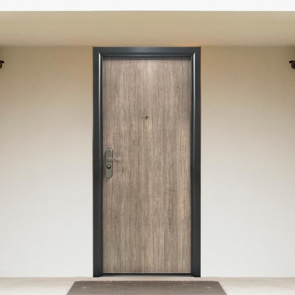 PUERTA EXTERIOR DE SEGURIDAD 13 PASADORES 96 X 213 CM DERECHA GRIS TIPO MADERA