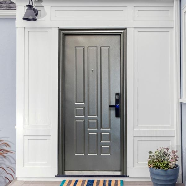 PUERTA EXTERIOR DE SEGURIDAD 13 PASADORES CERRADURA DIGITAL 96 X 213 CM IZQUIERDA GRIS TEXTURIZADO