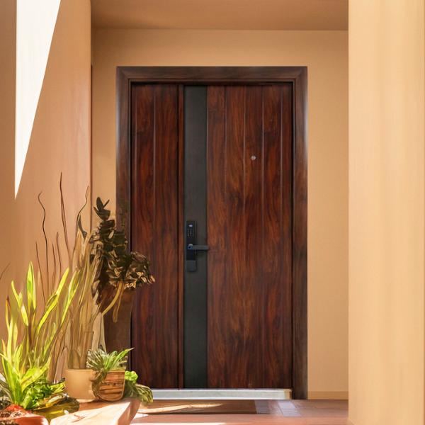 PUERTA EXTERIOR DE SEGURIDAD 15 PASADORES CERRADURA DIGITAL 120X213CM DERECHA NOGAL ROJO TIPO MADERA
