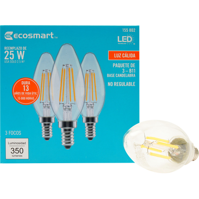 FOCO LED E12 VELA B11 LUZ CÁLIDA 2.5 W / 25 W 3 PIEZAS