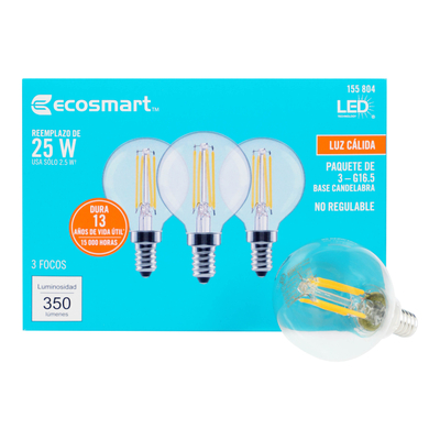 FOCO LED E12 GLOBO G16.5 LUZ CÁLIDA 2.5 W / 25 W 3 PIEZAS